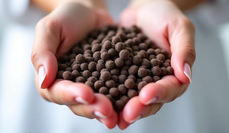 Close up of high quality aquaculture feed pellets