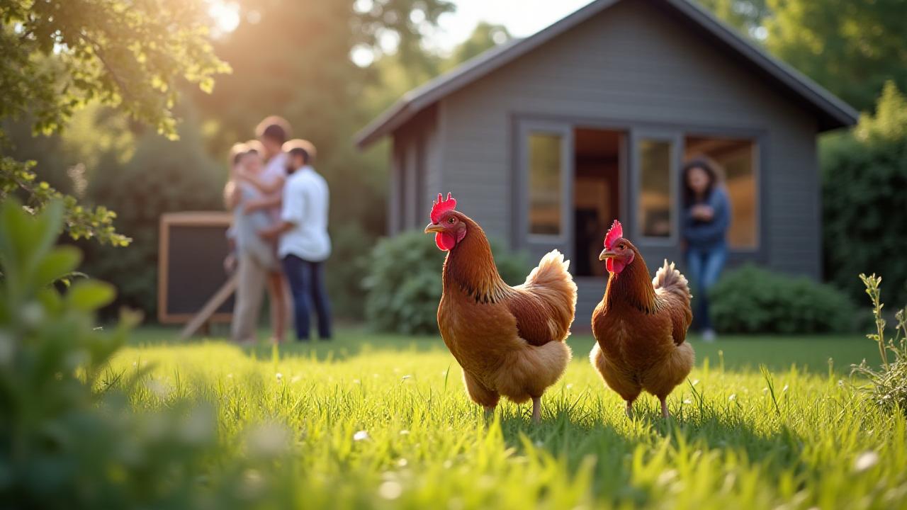 Happy family with backyard chickens